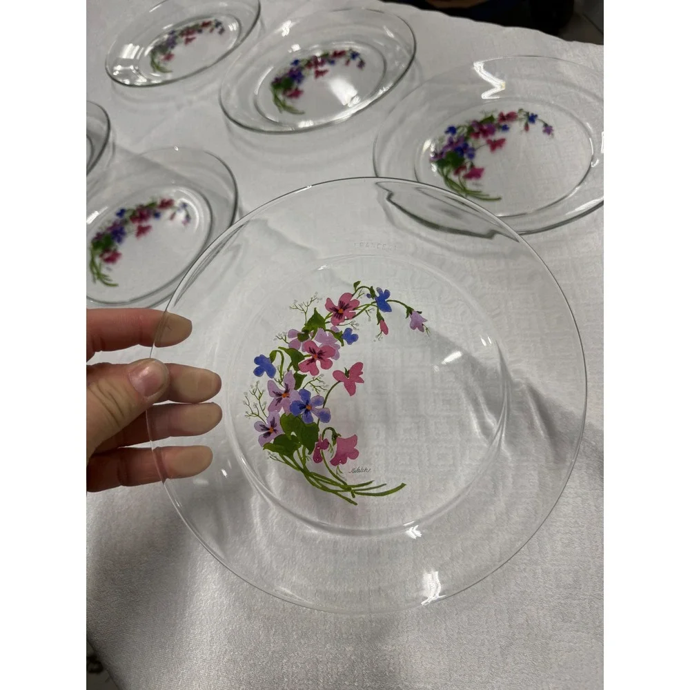Vintage J Walsh Floral Clear Glass Salad Plates Set of 6 Made in France 7.5in